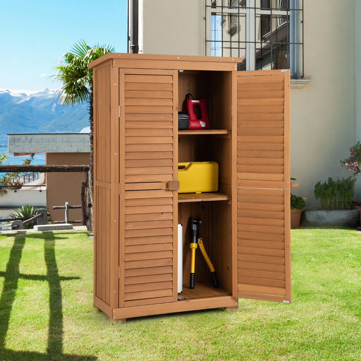 Gabinete de Ferramentas de Jardim em Madeira com 3 Estantes Desmontáveis para Armazenamento 87 x 47 x 160 cm