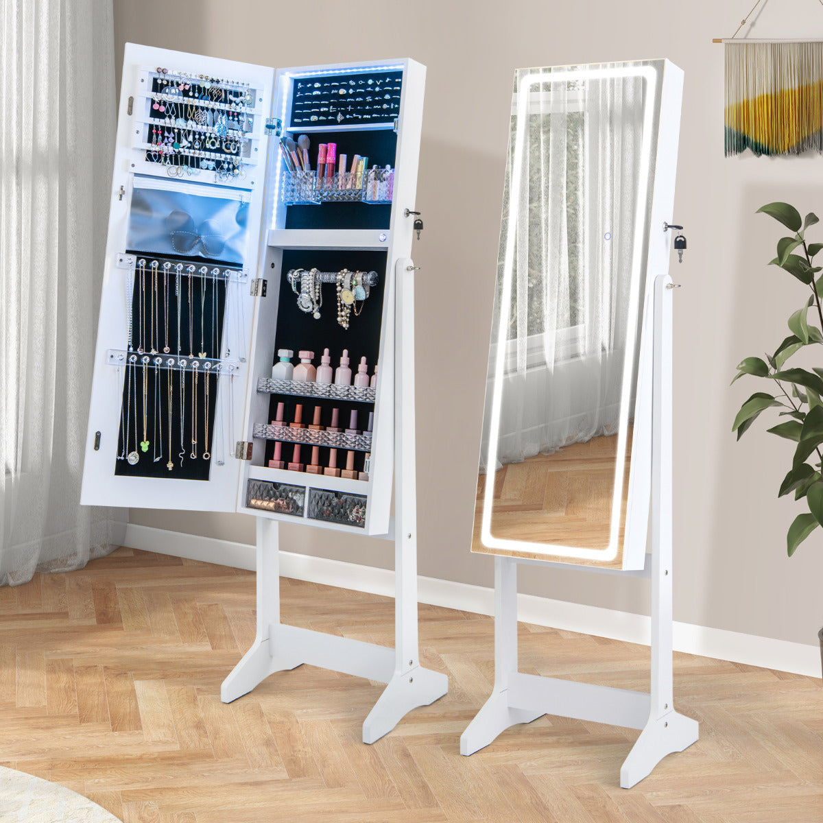 Gabinete de Joalharia de Pé com Espelho Iluminado – Branco – Material não explícito