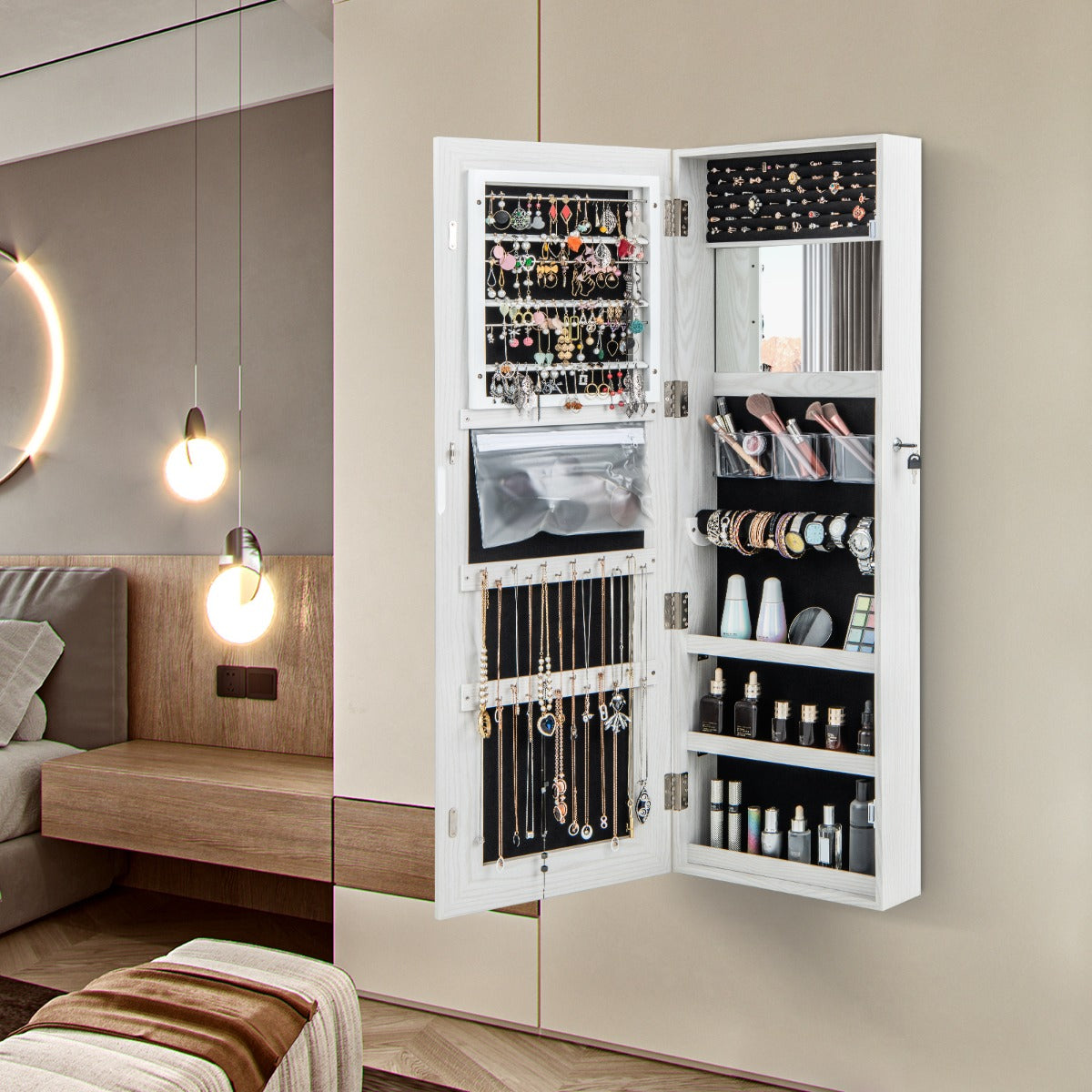 Armário de Joalharia com Espelho LED de 120 cm Luzes de 3 Cores Espelho Armazenamento de Maquilhagem e Porta Magnética Fechadura Branco