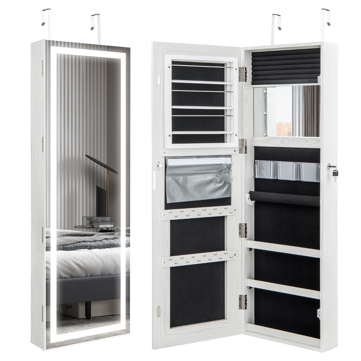 Armário de Joalharia com Espelho LED de 120 cm Luzes de 3 Cores Espelho Armazenamento de Maquilhagem e Porta Magnética Fechadura Branco
