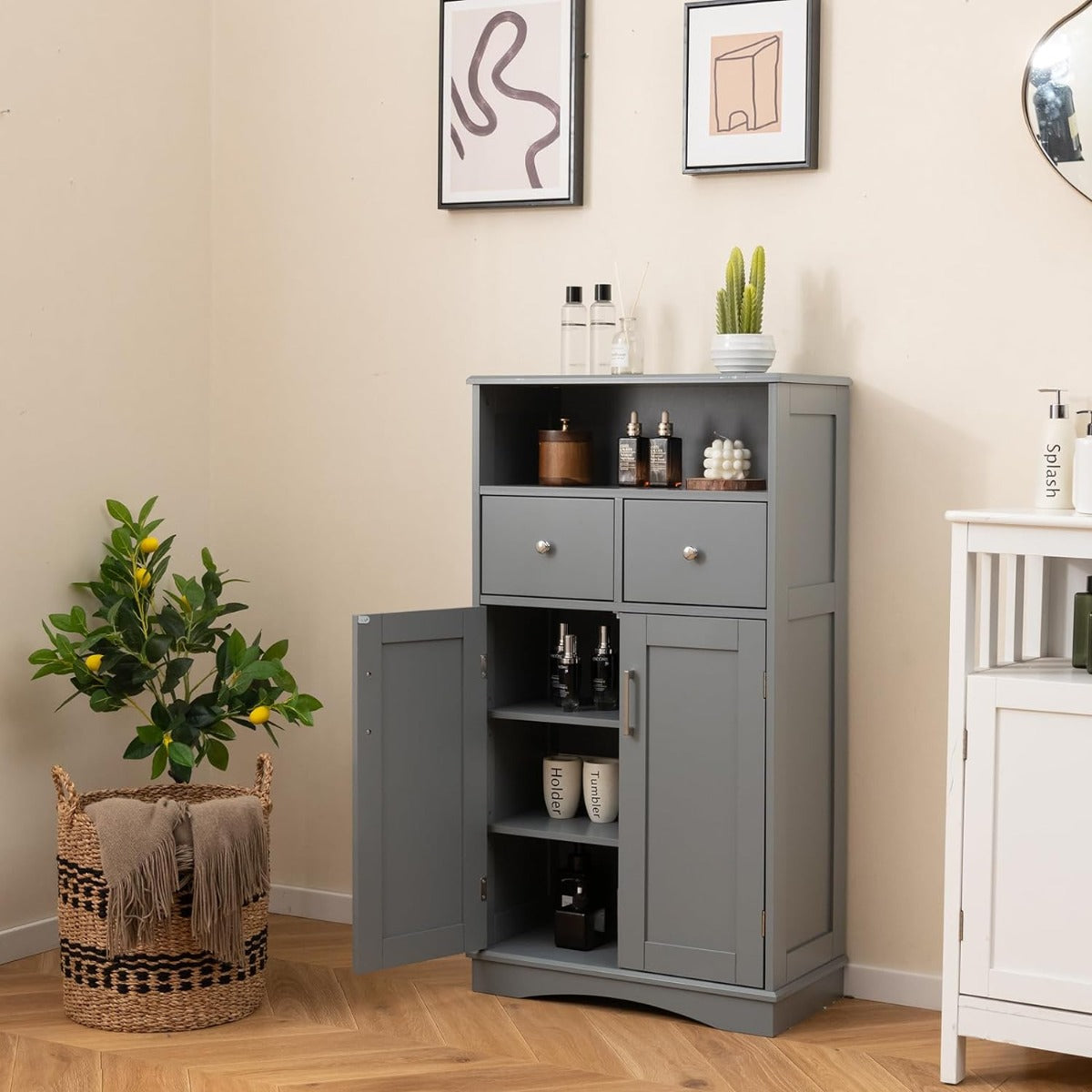 Gabinete de Chão para Casa de Banho – 60 x 30 x 108 cm – Cinzento – MDF