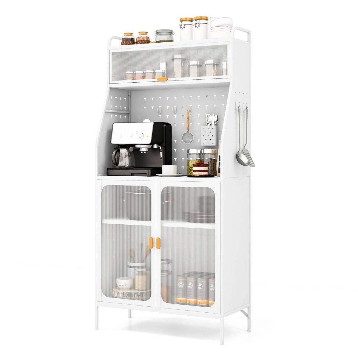 Armário de Cozinha com Painel Perfurado Prateleira Ajustável 8 Ganchos e 2 Portas de Vidro Buffet Aparador Suporta 100kg Branco