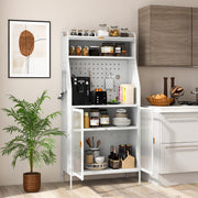 Armário de Cozinha com Painel Perfurado Prateleira Ajustável 8 Ganchos e 2 Portas de Vidro Buffet Aparador Suporta 100kg Branco