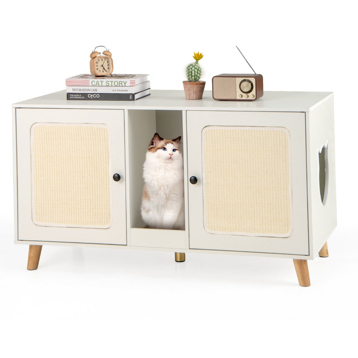 Gabinete para Caixa de Areia para Gatos Tábua de Arranhar Casa de Gatos Interior 108 x 50 x 60 cm - Branco