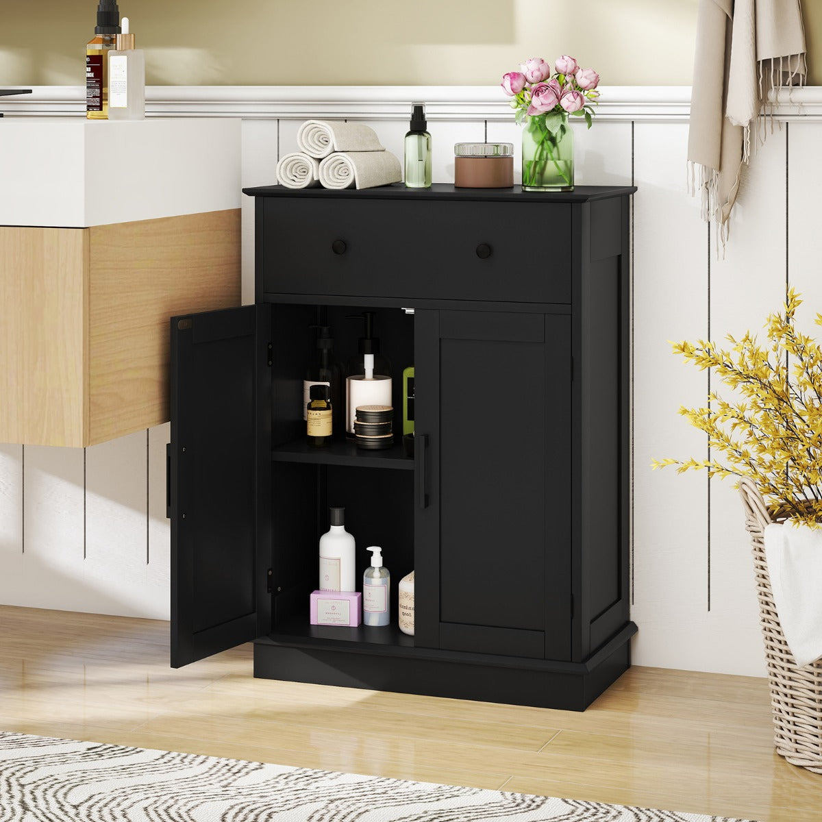 Gabinete de Madeira com Gaveta Grande e Prateleiras Extraíveis e Ajustáveis para Quarto, Sala e Estúdio 56 x 30 x 80 cm Preto