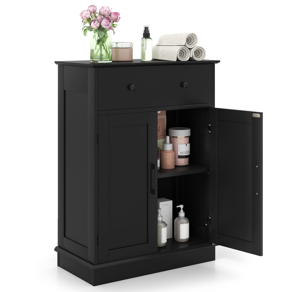 Gabinete de Madeira com Gaveta Grande e Prateleiras Extraíveis e Ajustáveis para Quarto, Sala e Estúdio 56 x 30 x 80 cm Preto