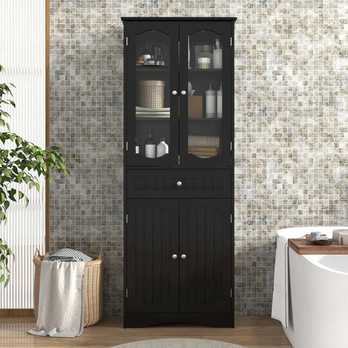 Armário de Casa de Banho Alto de 160 CM com Portas de Vidro Temperado, Prateleiras Ajustáveis e Gaveta Grande para Cozinha, Sala de Estar, Escritório - Preto
