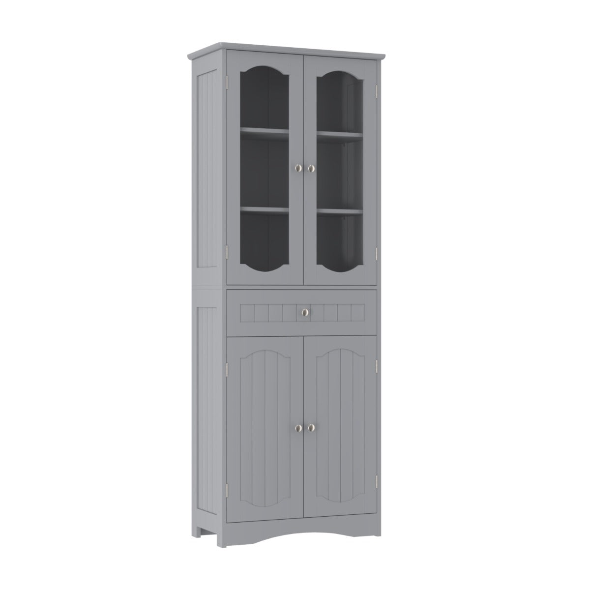 Armário de Casa de Banho Alto de 160 CM com Portas de Vidro Temperado, Prateleiras Ajustáveis e Gaveta Grande para Cozinha, Sala de Estar, Escritório - Cinzento