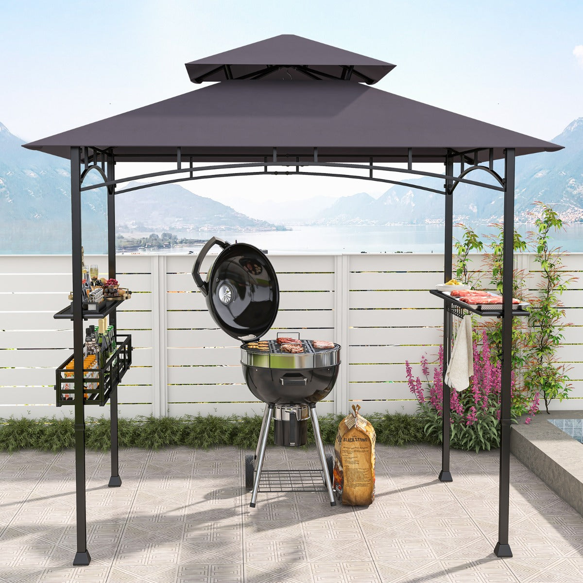 Gazebo com 2 Estantes Laterais e Estrutura de Metal para Jardim - Cinzento Escuro