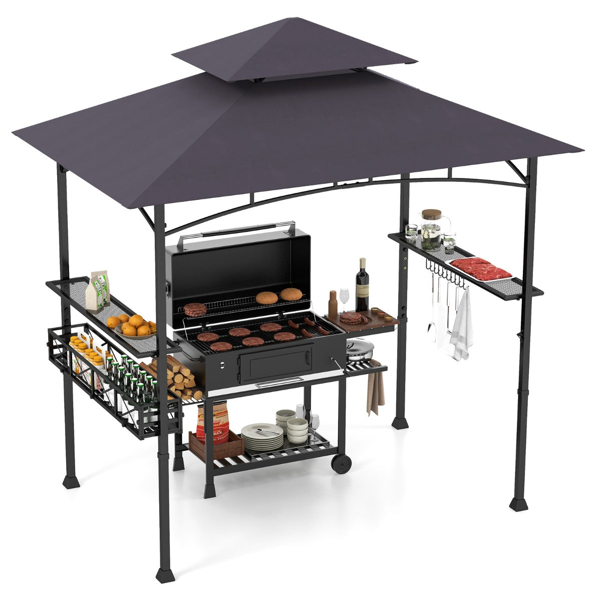 Gazebo com 2 Estantes Laterais e Estrutura de Metal para Jardim - Cinzento Escuro