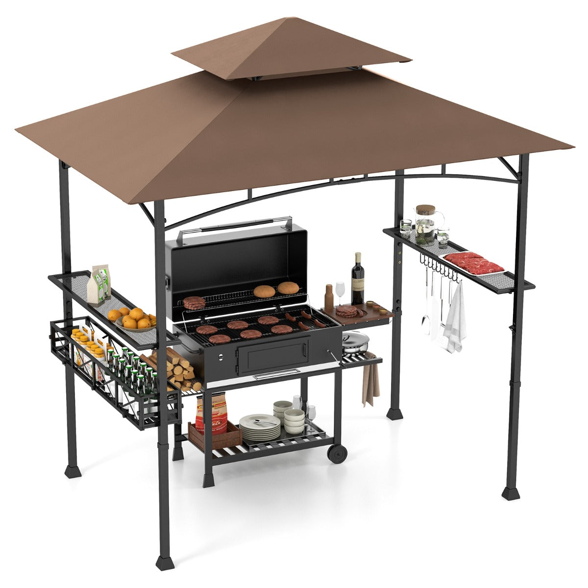 Gazebo 242 x 153 cm com 2 Prateleiras Laterais, Cesto, Ganchos, Abridor de Garrafas - Estrutura em Metal para Jardim e Pátio em Castanho
