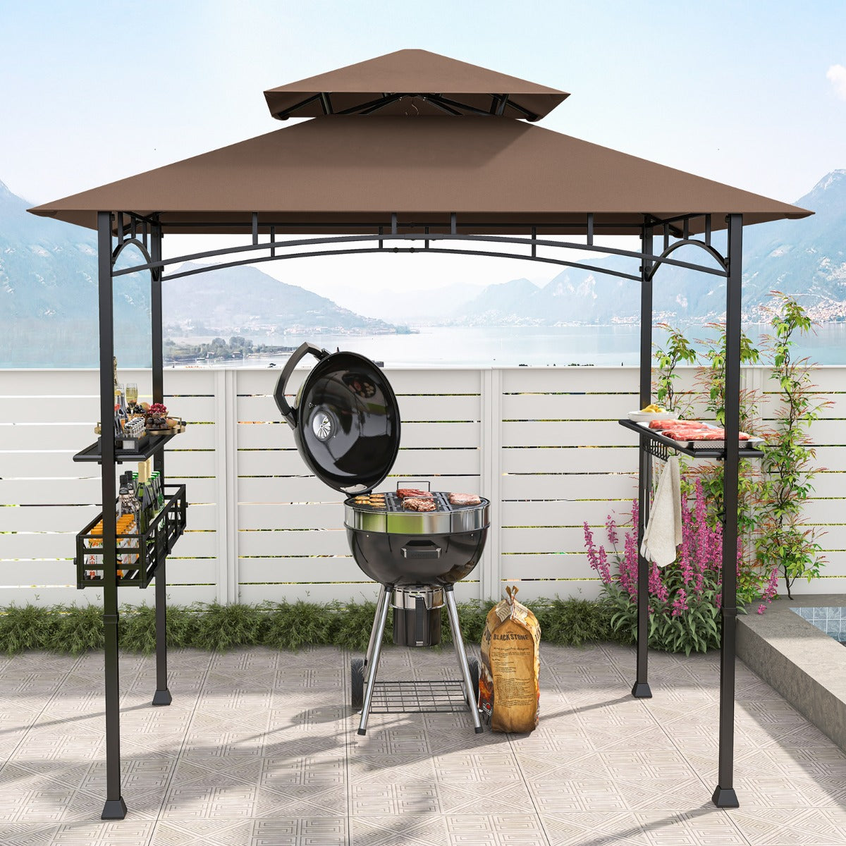 Gazebo 242 x 153 cm com 2 Prateleiras Laterais, Cesto, Ganchos, Abridor de Garrafas - Estrutura em Metal para Jardim e Pátio em Castanho