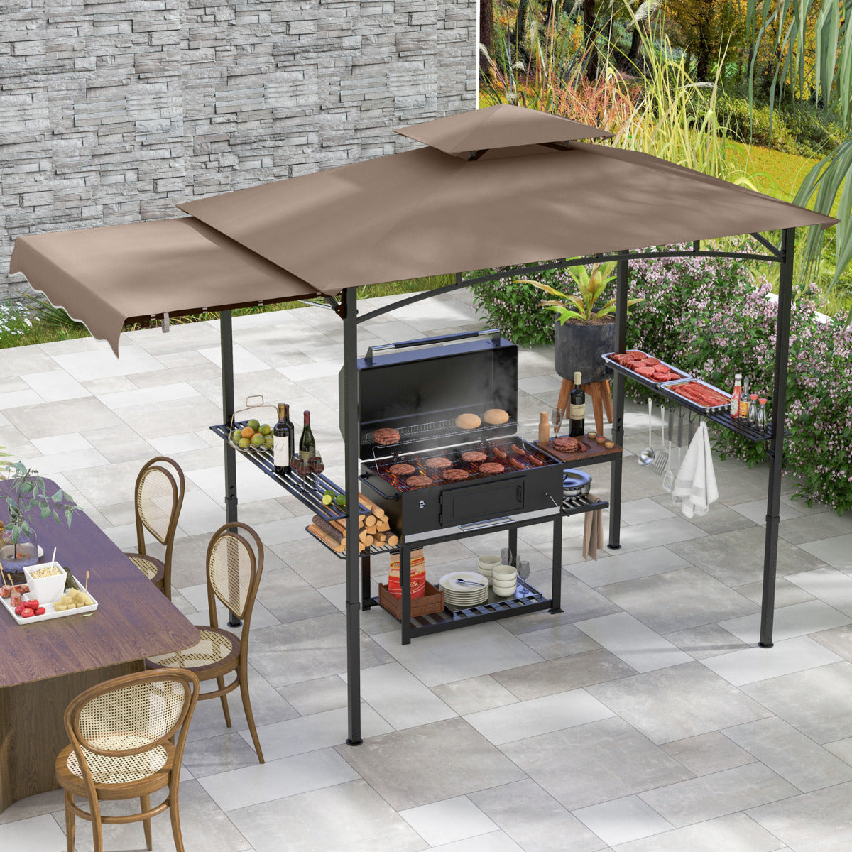 Gazebo para Churrasco com Grelha de 318 x 153 cm Toldo Lateral Parte Superior de 2 Níveis 2 Estantes Laterais Estrutura de Metal Castanha