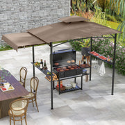 Gazebo para Churrasco com Grelha de 318 x 153 cm Toldo Lateral Parte Superior de 2 Níveis 2 Estantes Laterais Estrutura de Metal Castanha