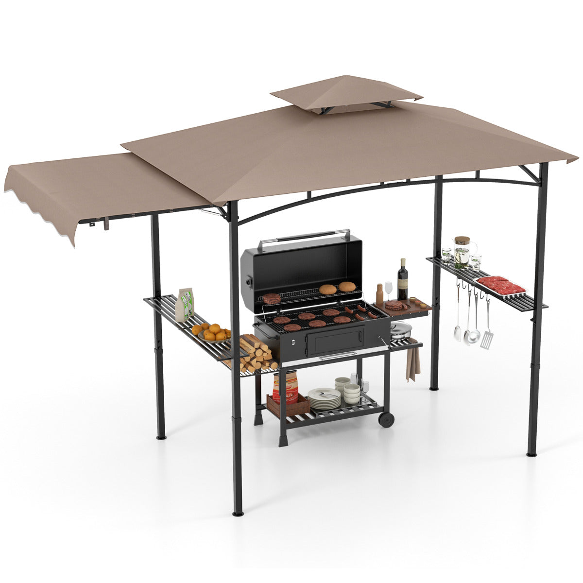 Gazebo para Churrasco com Grelha de 318 x 153 cm Toldo Lateral Parte Superior de 2 Níveis 2 Estantes Laterais Estrutura de Metal Castanha