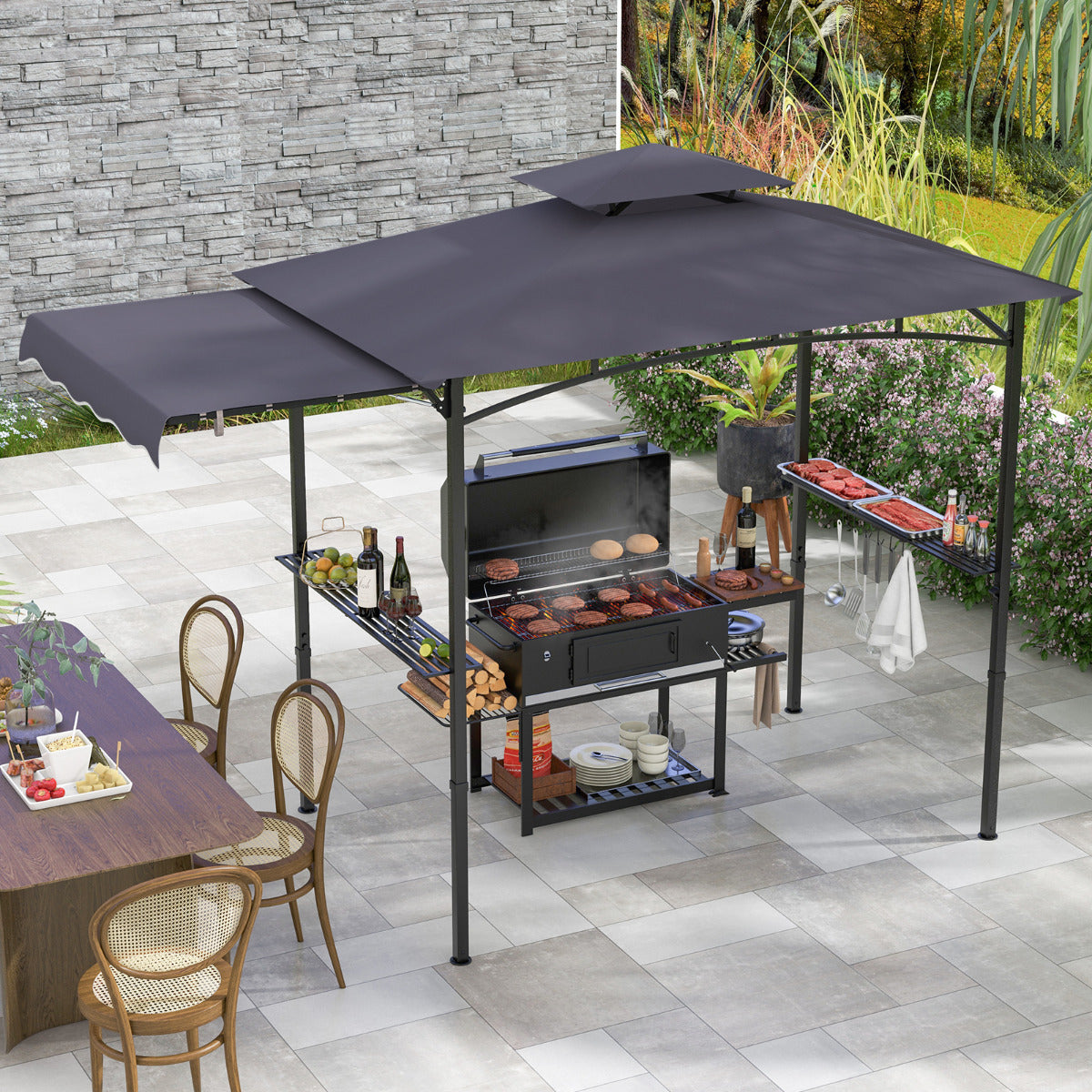 Gazebo para Churrasco com Grelha de 318 x 153 cm Toldo Lateral de 2 Níveis 2 Estantes Laterais Estrutura em Metal Cinza Escuro