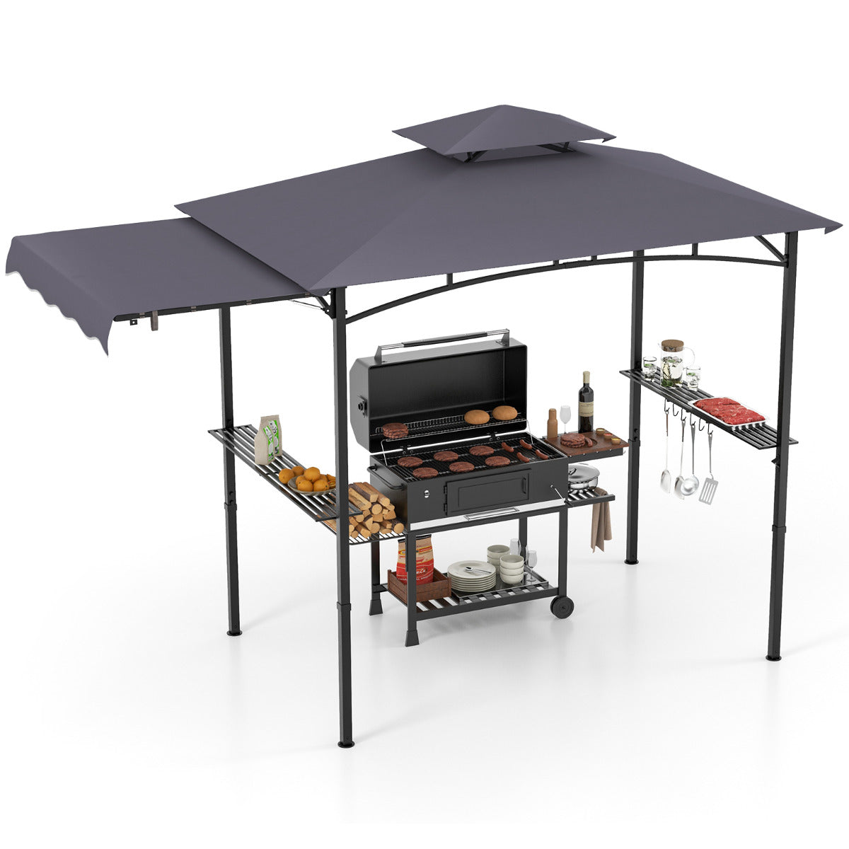 Gazebo para Churrasco com Grelha de 318 x 153 cm Toldo Lateral de 2 Níveis 2 Estantes Laterais Estrutura em Metal Cinza Escuro