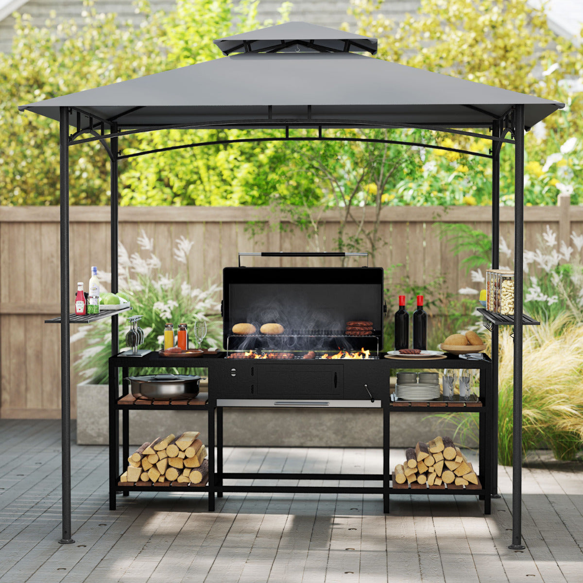Gazebo para Parrilla 242 x 150 cm com Estrutura Metálica e 2 Estantes - Cinzento