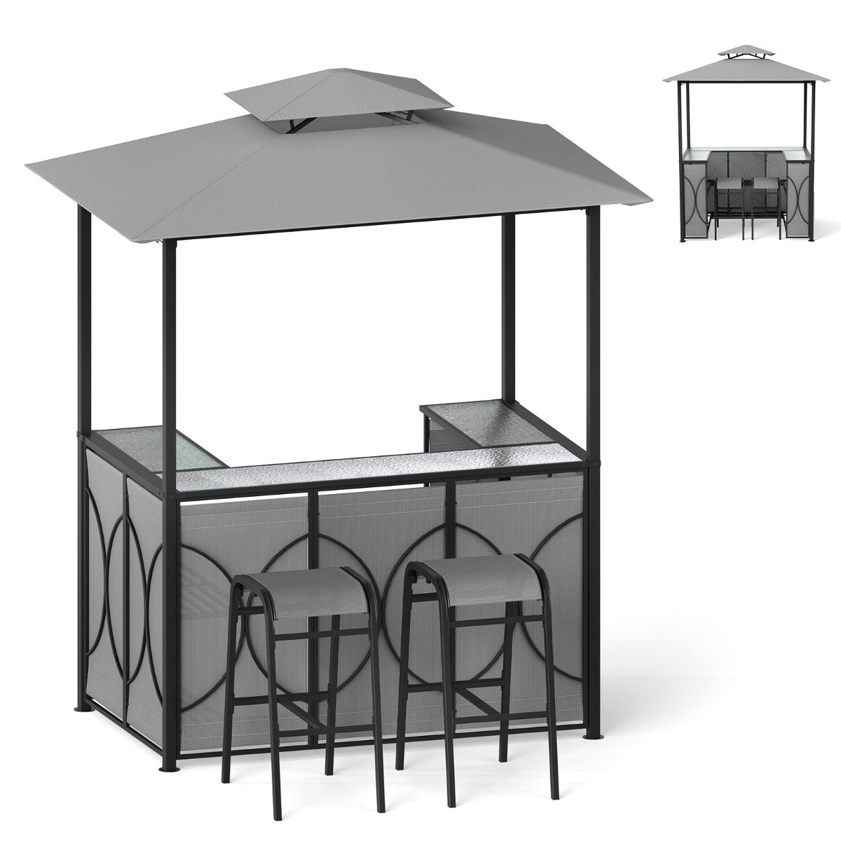 Conjunto de Gazebo para Parrilla com 2 Taburetes e Estante Metálico - Cinzento