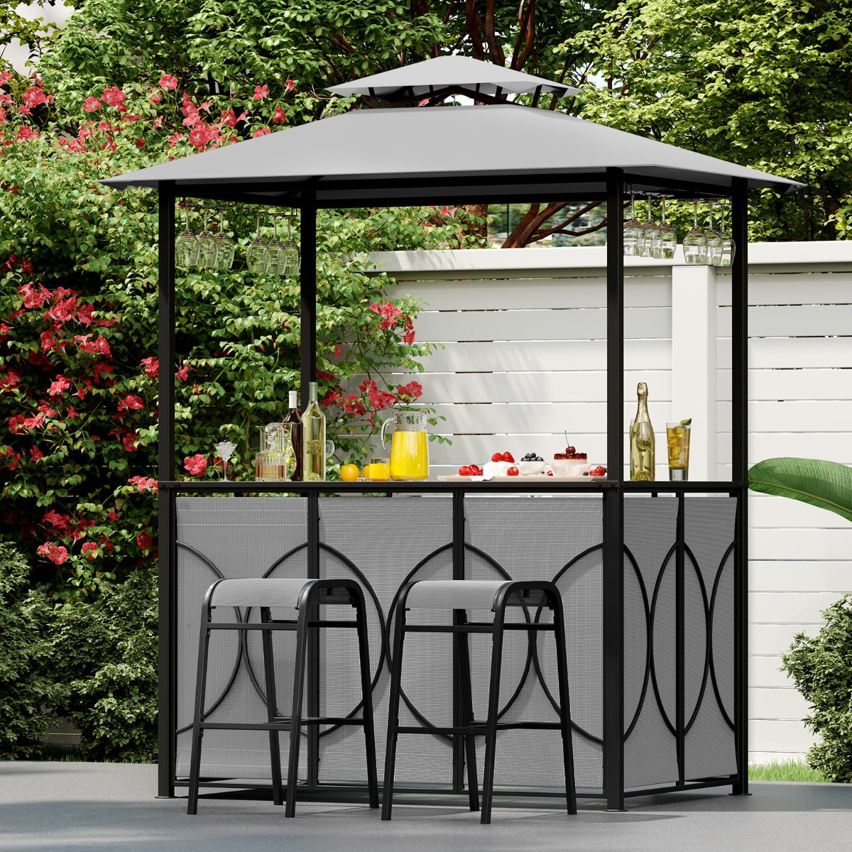 Conjunto de Gazebo para Parrilla com 2 Taburetes e Estante Metálico - Cinzento