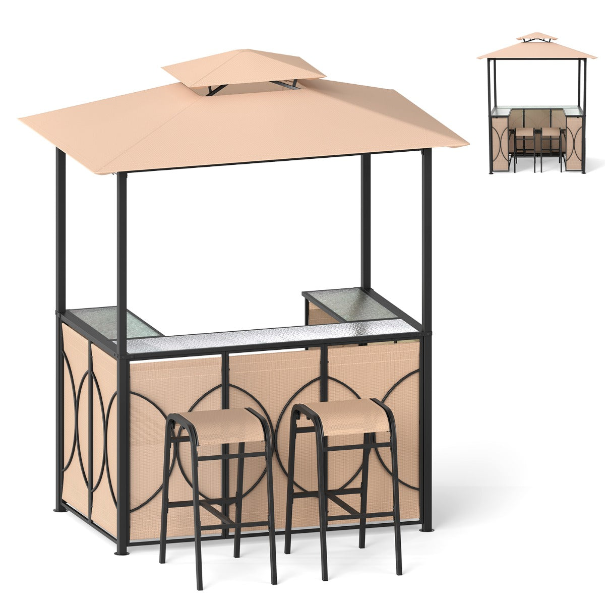 Conjunto de Gazebo para Parrilla com 2 Taburetes e Estante Metálico - Marrón