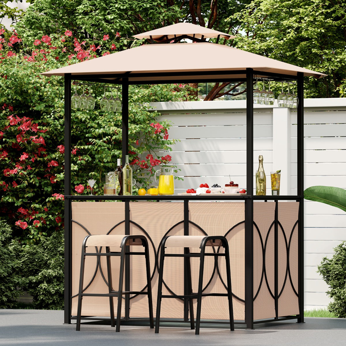 Conjunto de Gazebo para Parrilla com 2 Taburetes e Estante Metálico - Marrón