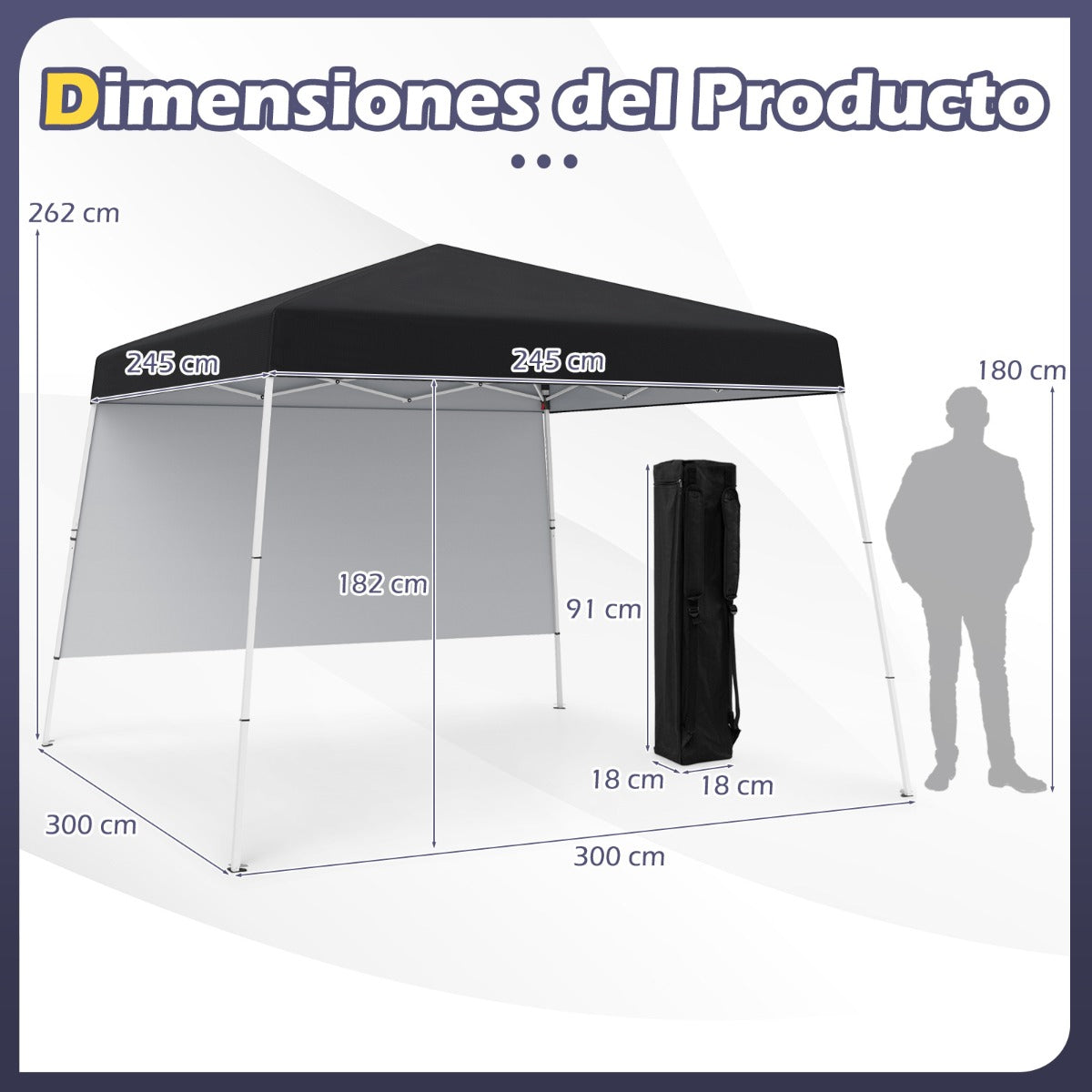 Tenda de Campismo Emergente Dobrável 300 x 300 cm com 1 Parede Lateral Proteção Solar 4 Estacas de Terra Estrutura de Metal Preto