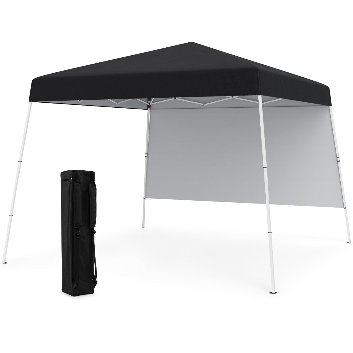 Tenda de Campismo Emergente Dobrável 300 x 300 cm com 1 Parede Lateral Proteção Solar 4 Estacas de Terra Estrutura de Metal Preto