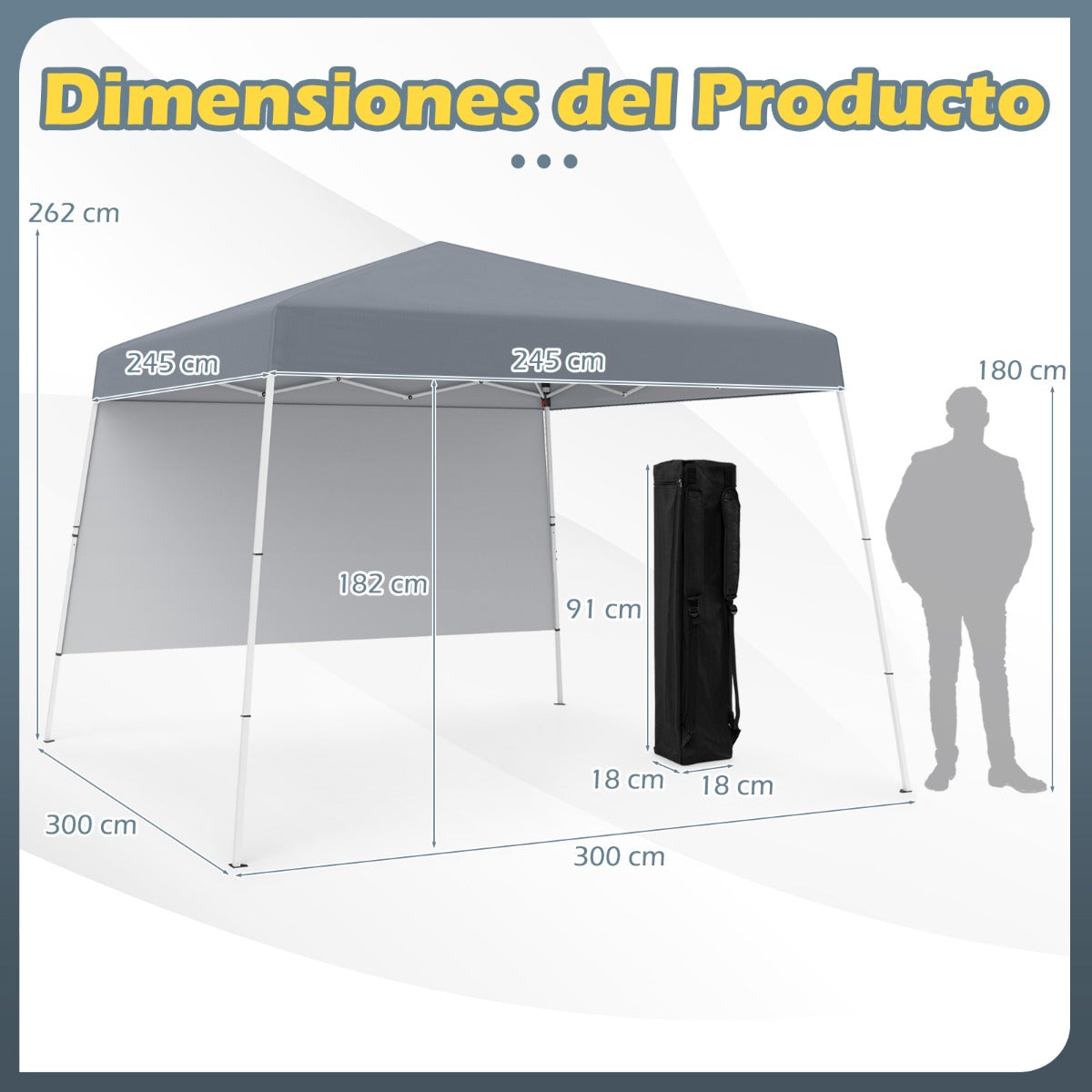 Carpa de Camping Emergente 300 x 300 CM com 1 Pared Lateral e Proteção Solar - Cinza