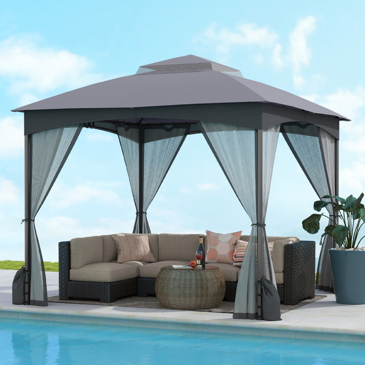 Toldo para Pátio 300 x 300 CM com Paredes de Rede, Teto Duplo, 4 Sacos de Areia, Portas com Fecho de Correr, Estrutura Metálica Resistente em Cinzento