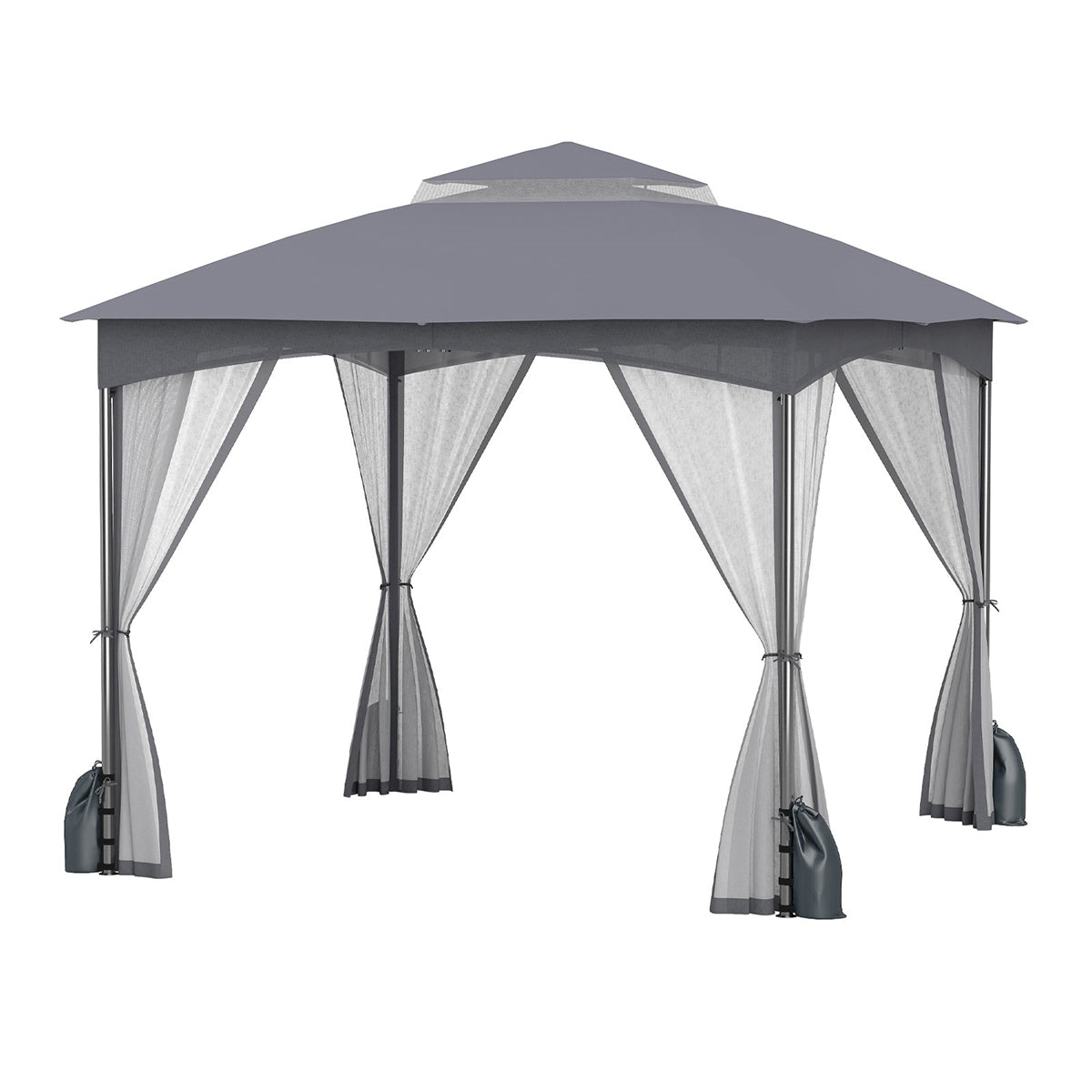 Toldo para Pátio 300 x 300 CM com Paredes de Rede, Teto Duplo, 4 Sacos de Areia, Portas com Fecho de Correr, Estrutura Metálica Resistente em Cinzento