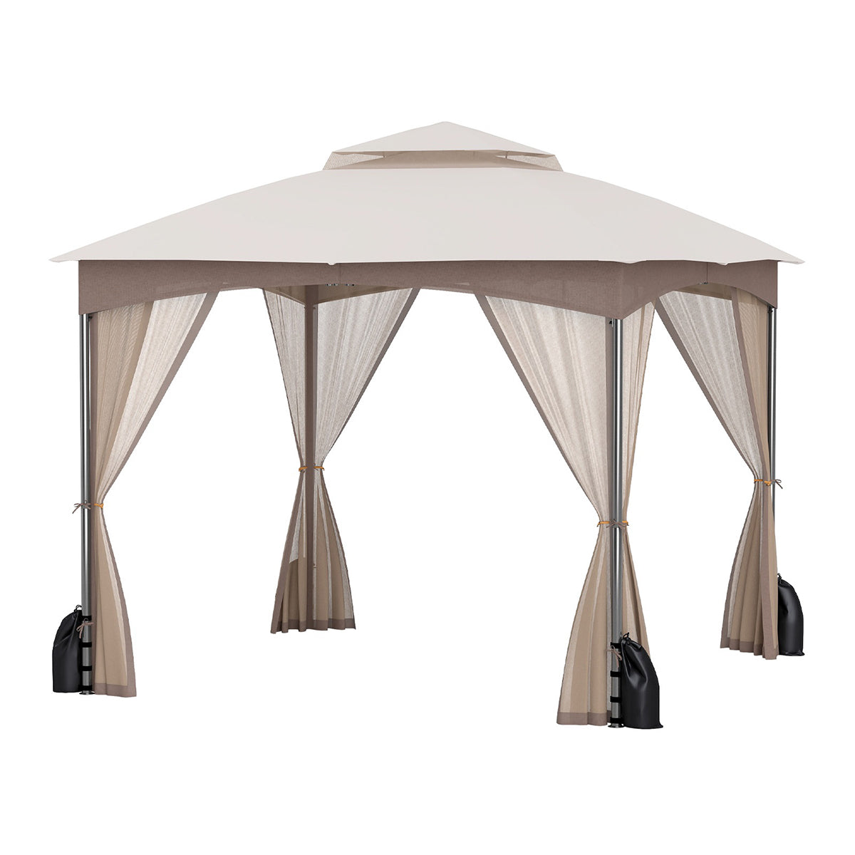Toldo para Pátio 300 x 300 cm com Paredes de Rede, Telhado Duplo, 4 Sacos de Areia, Portas com Fecho de Correr e Estrutura Metálica Resistente em Caqui