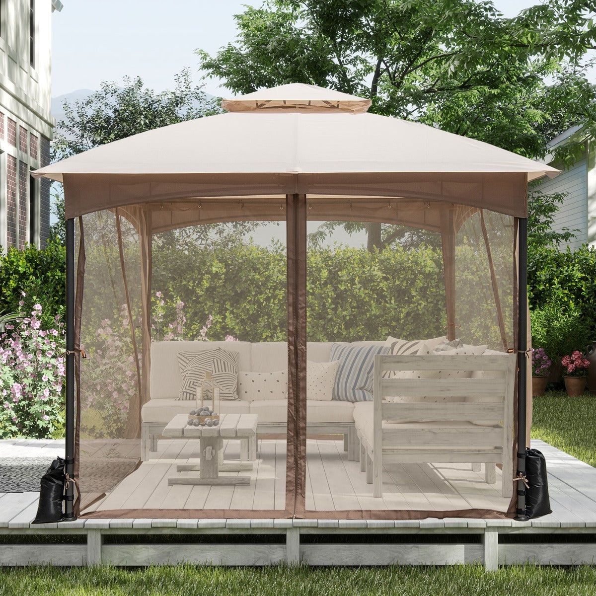 Toldo para Pátio 300 x 300 cm com Paredes de Rede, Telhado Duplo, 4 Sacos de Areia, Portas com Fecho de Correr e Estrutura Metálica Resistente em Caqui