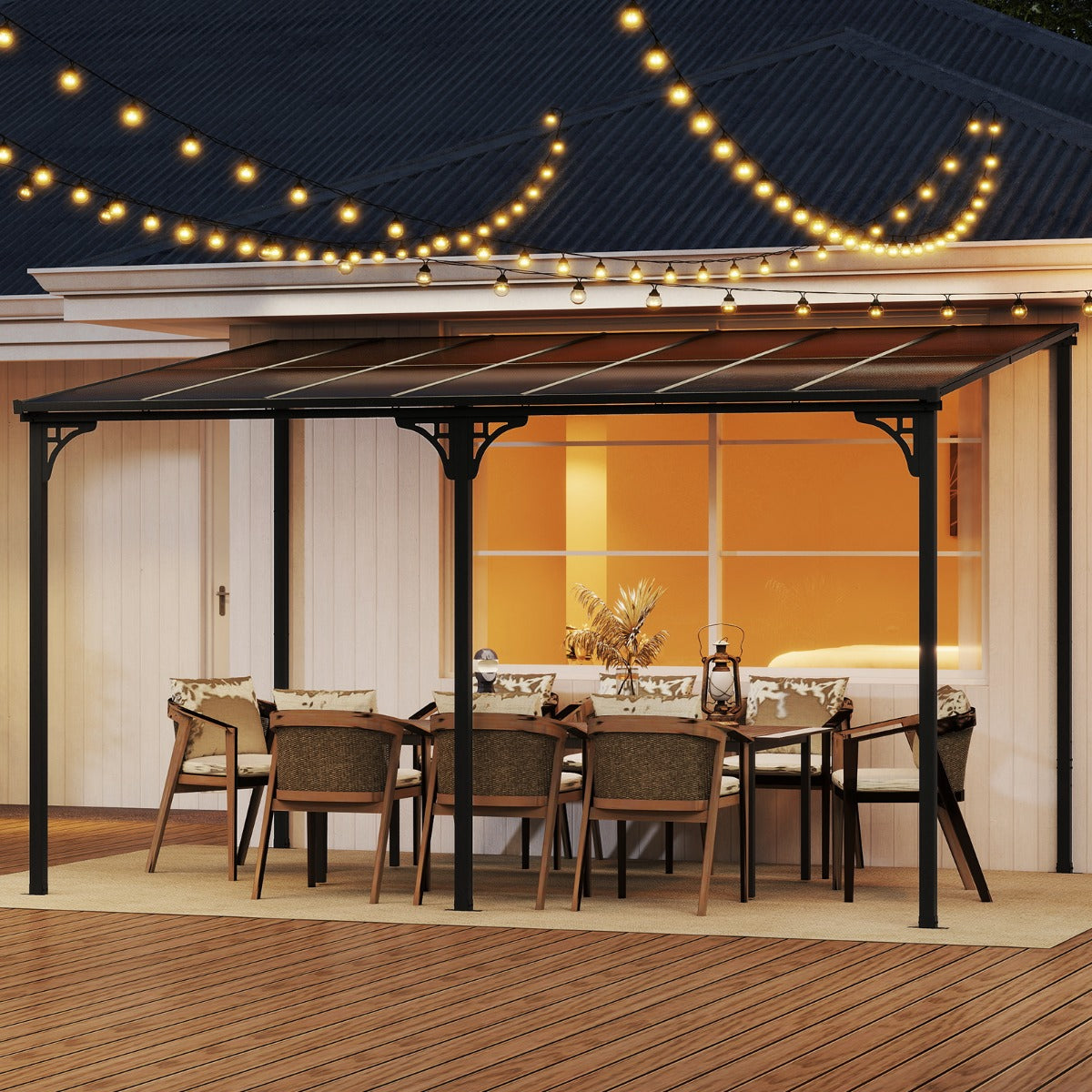 Pérgola de Pátio Montada na Parede com Cobertura de Policarbonato Preto 305 x 400 cm