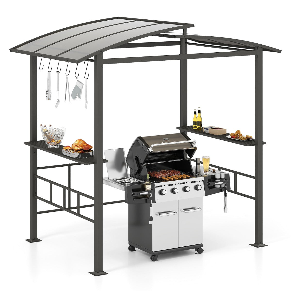 Gazebo de Parrilla de Telhado Rígido 248 x 150cm com Telhado Ventilado de Policarbonato Prateleiras Laterais Estrutura de Metal