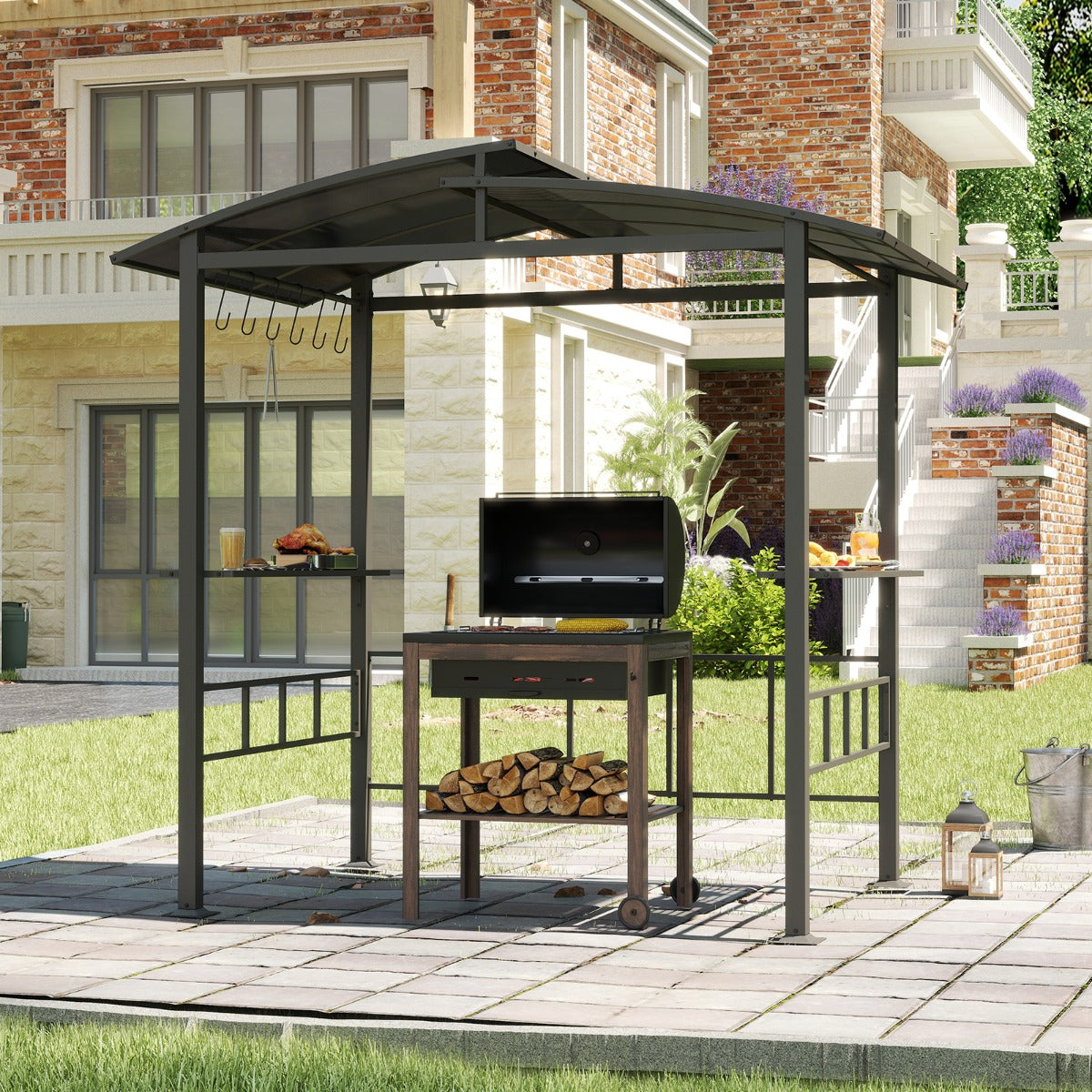 Gazebo de Parrilla de Telhado Rígido 248 x 150cm com Telhado Ventilado de Policarbonato Prateleiras Laterais Estrutura de Metal