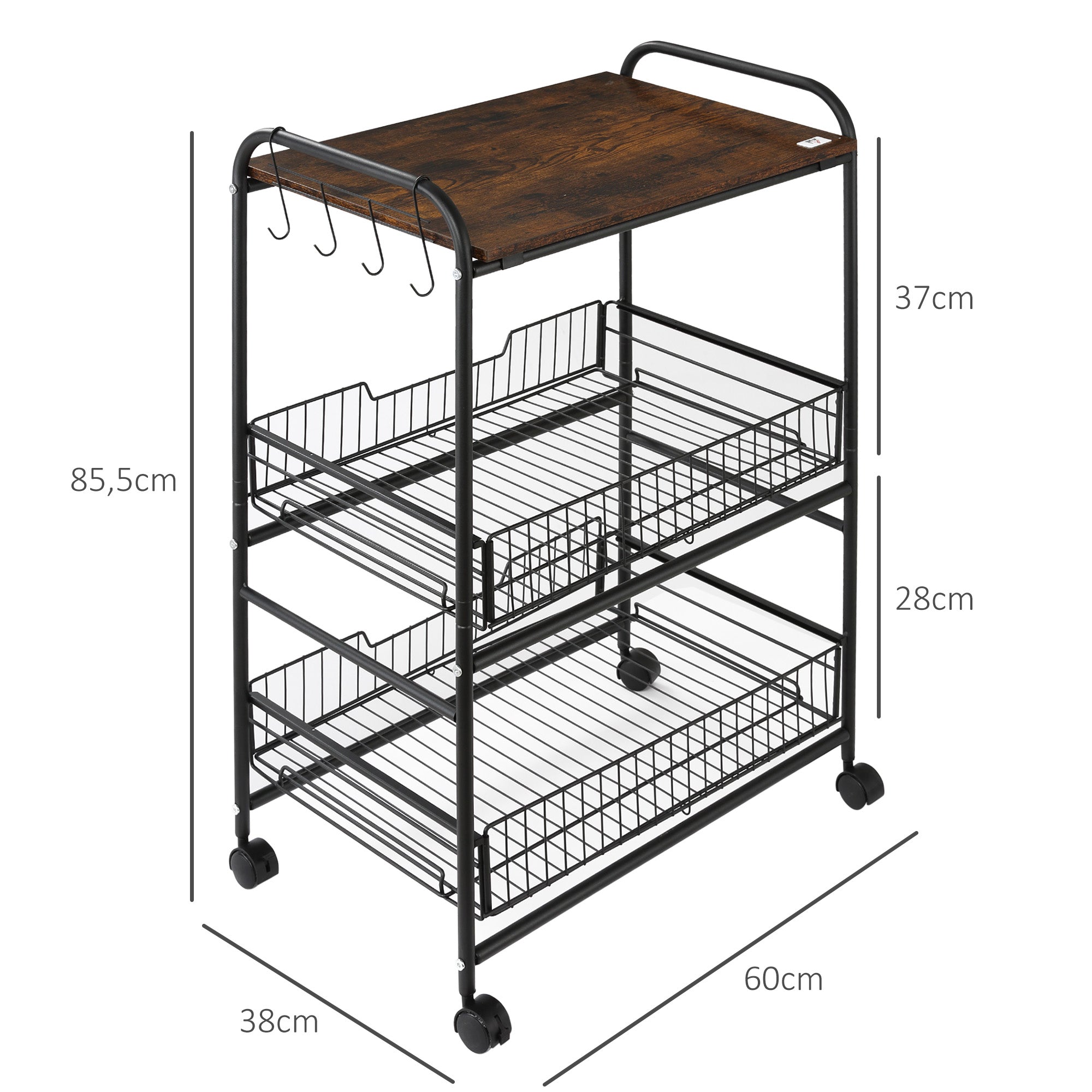 Carrinho de Cozinha 3 Níveis 60x38x85,5 cm - Castanho Rústico