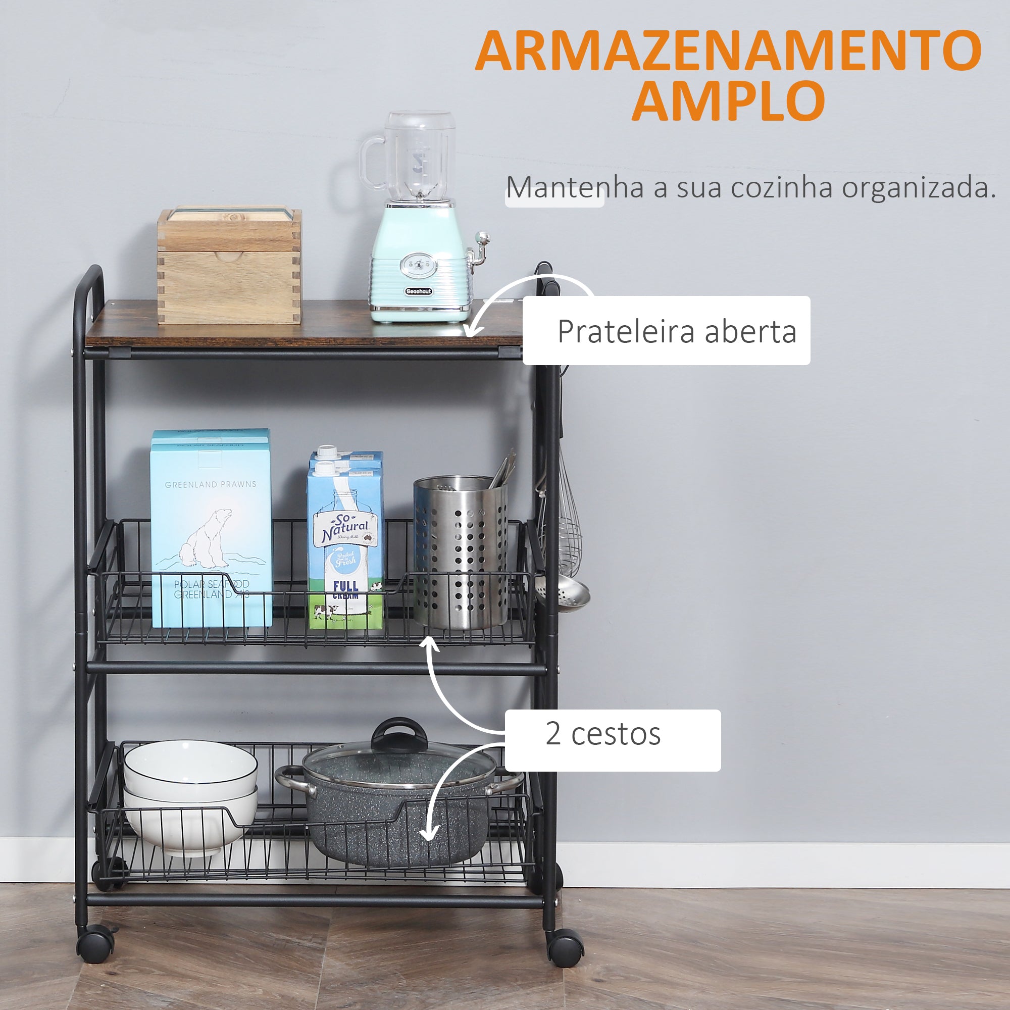 Carrinho de Cozinha 3 Níveis 60x38x85,5 cm - Castanho Rústico
