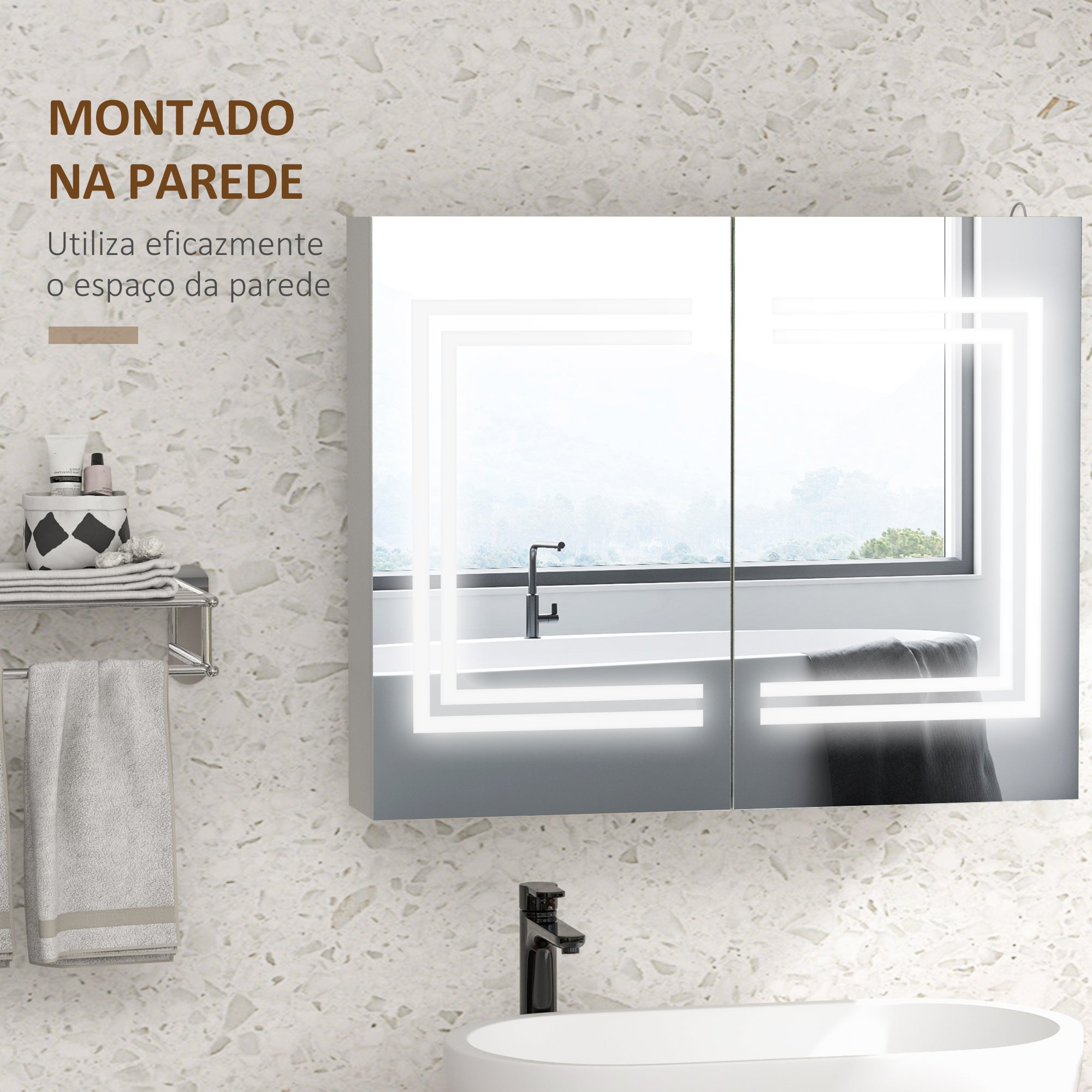 Armário Casa de Banho com Espelho LED 80x15x65 cm Branco de Alto Brilho
