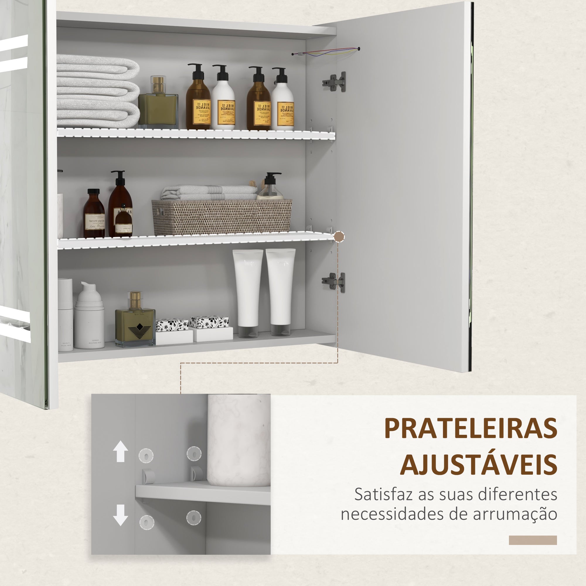 Armário Casa de Banho com Espelho LED 80x15x65 cm Branco de Alto Brilho