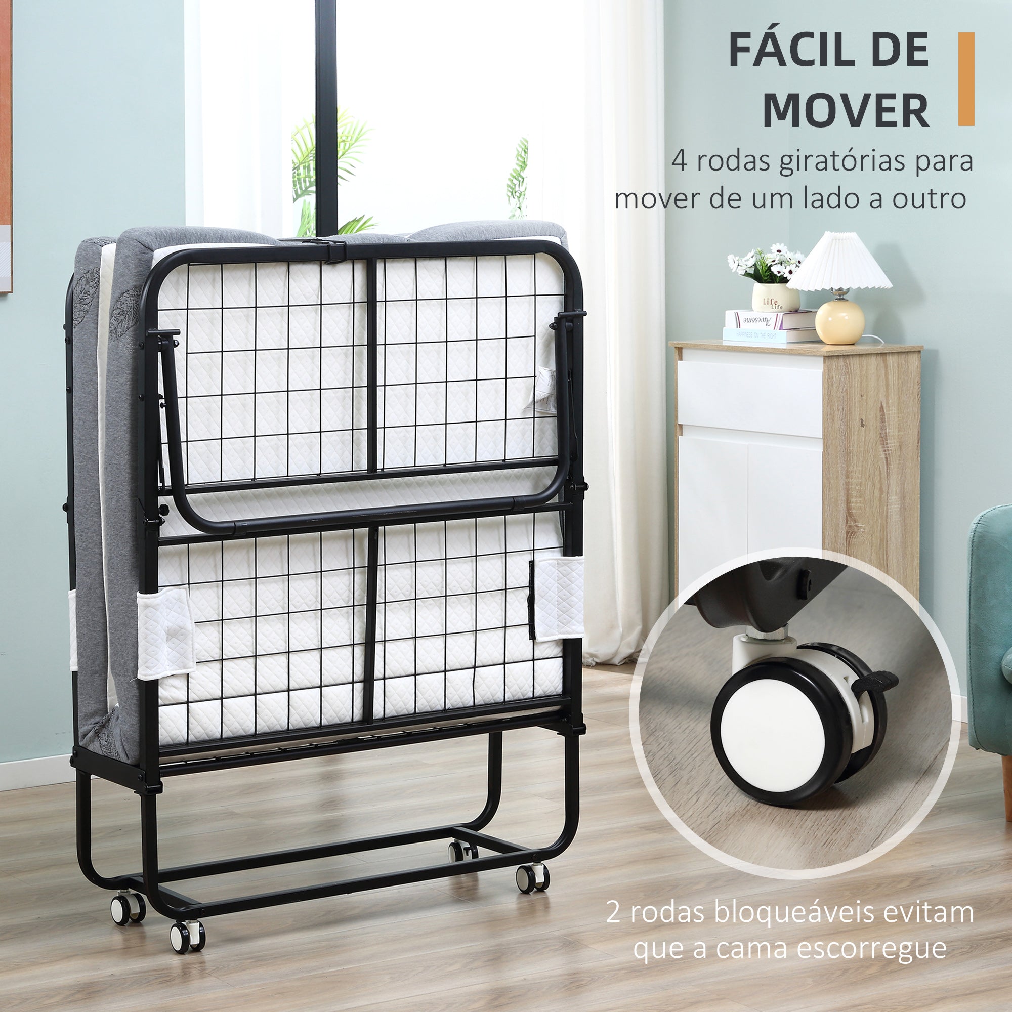 Cama Dobrável – 200x90x42,5cm – Branco e Preto – Aço