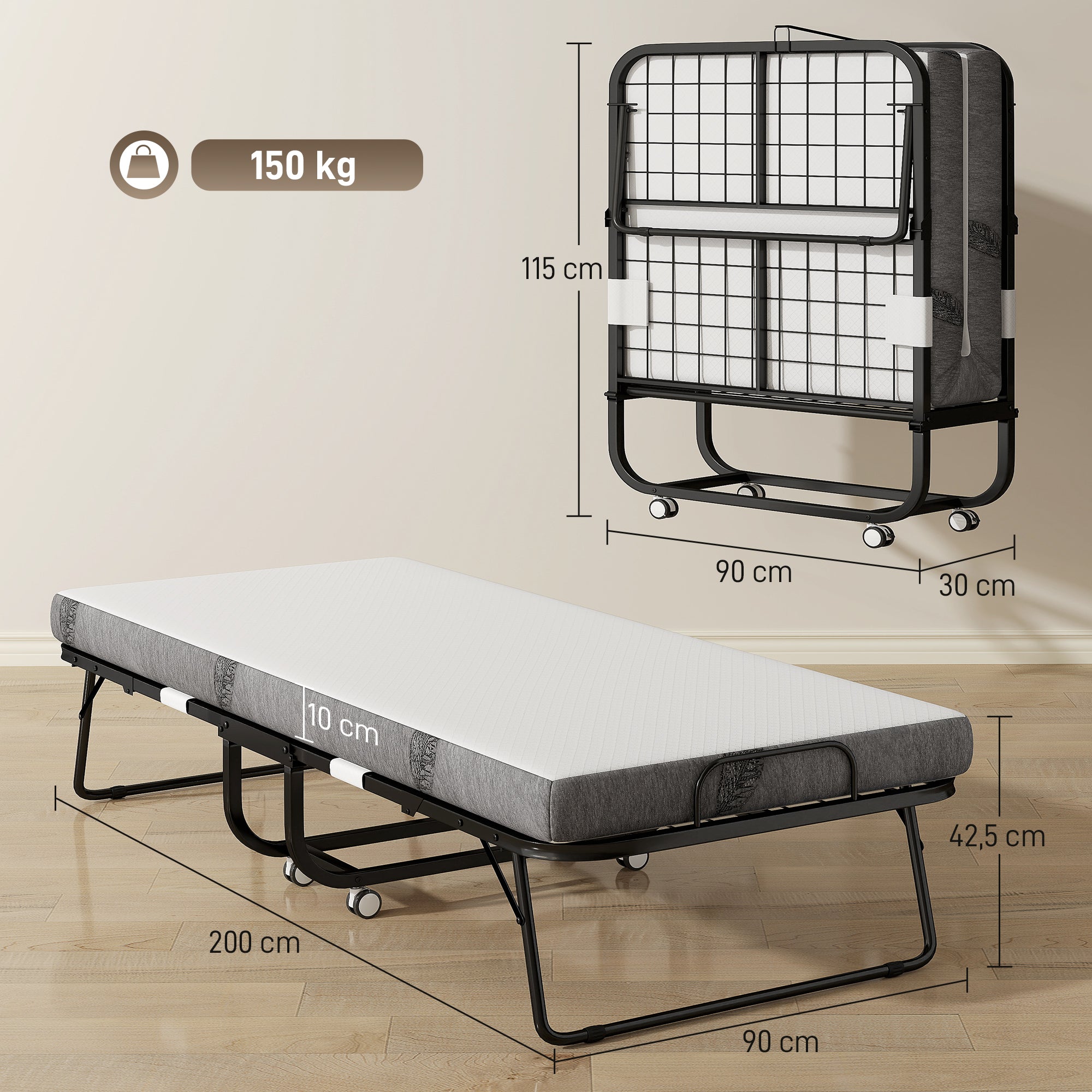 Cama Dobrável – 200x90x42,5cm – Branco e Preto – Aço