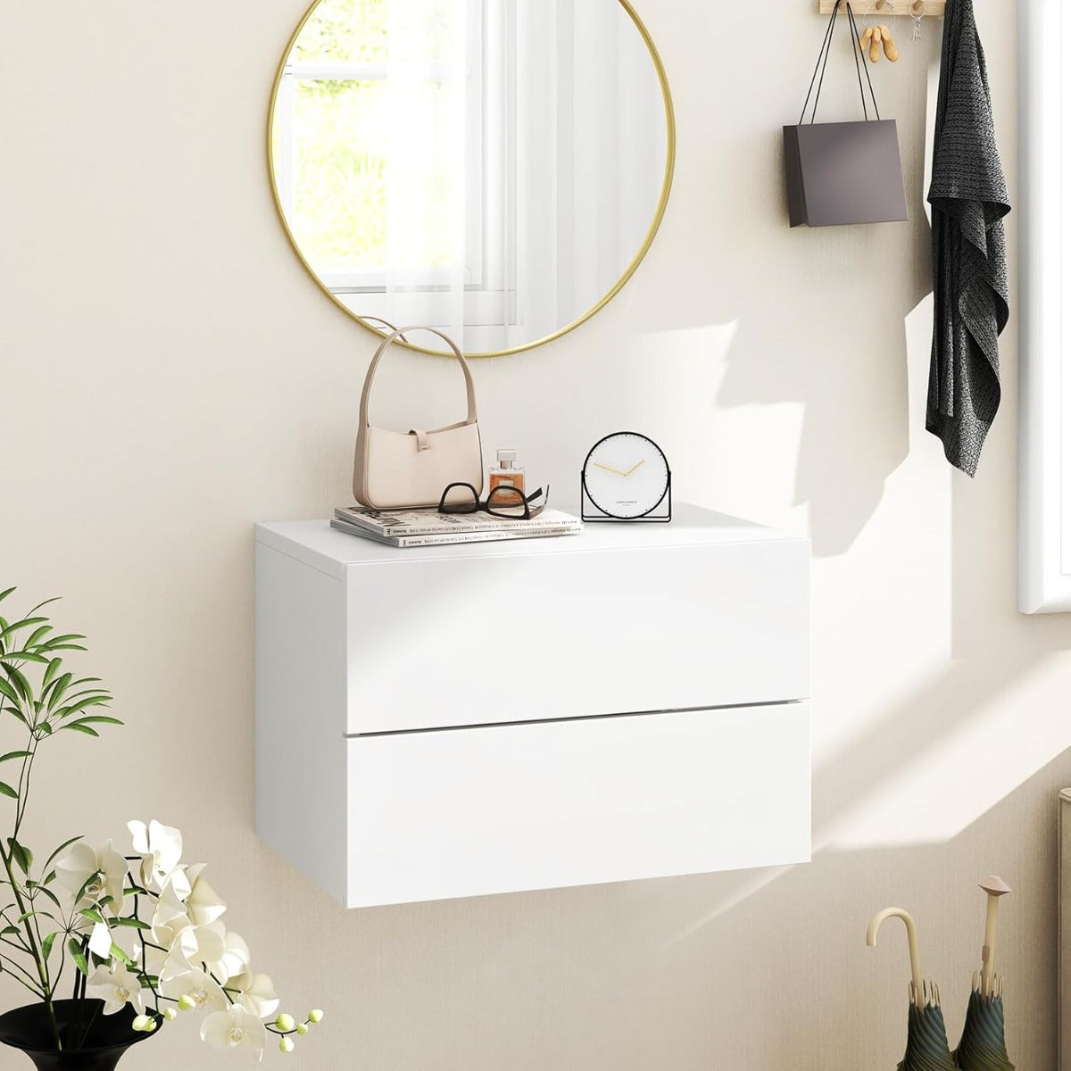 Mesinha de Cabeceira Flutuante com 2 Gavetas de Arrumação, Mesinha de Cabeceira Montada na Parede 42 x 30 x 28 cm Branco