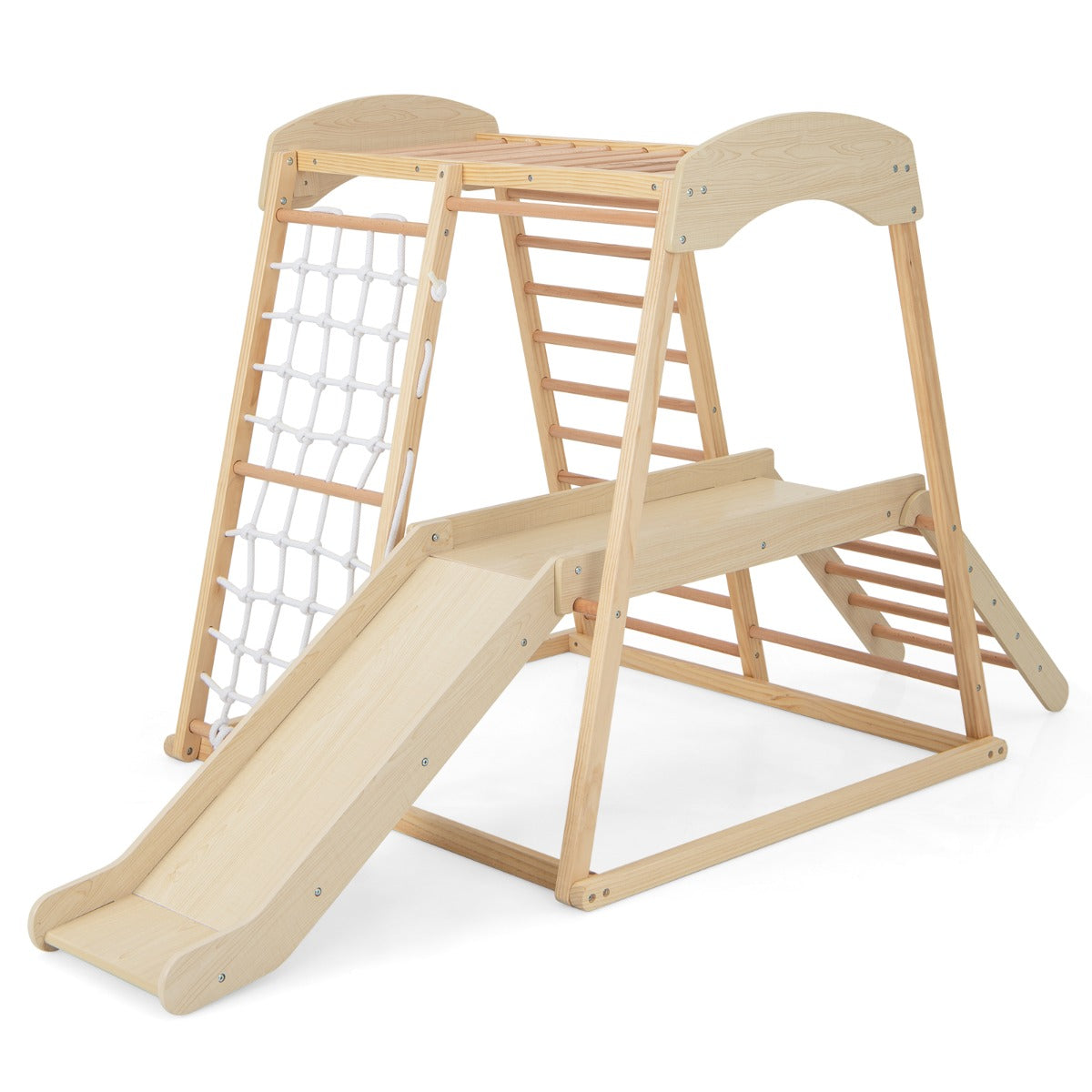 Parque Infantil Interior 6 em 1 com Barras, Tobogã, Corda, Escadas de Madeira para Crianças +1 Ano – Natural – Madeira