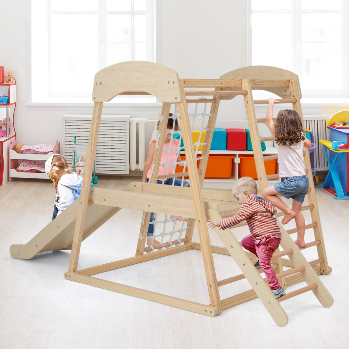 Parque Infantil Interior 6 em 1 com Barras, Tobogã, Corda, Escadas de Madeira para Crianças +1 Ano – Natural – Madeira