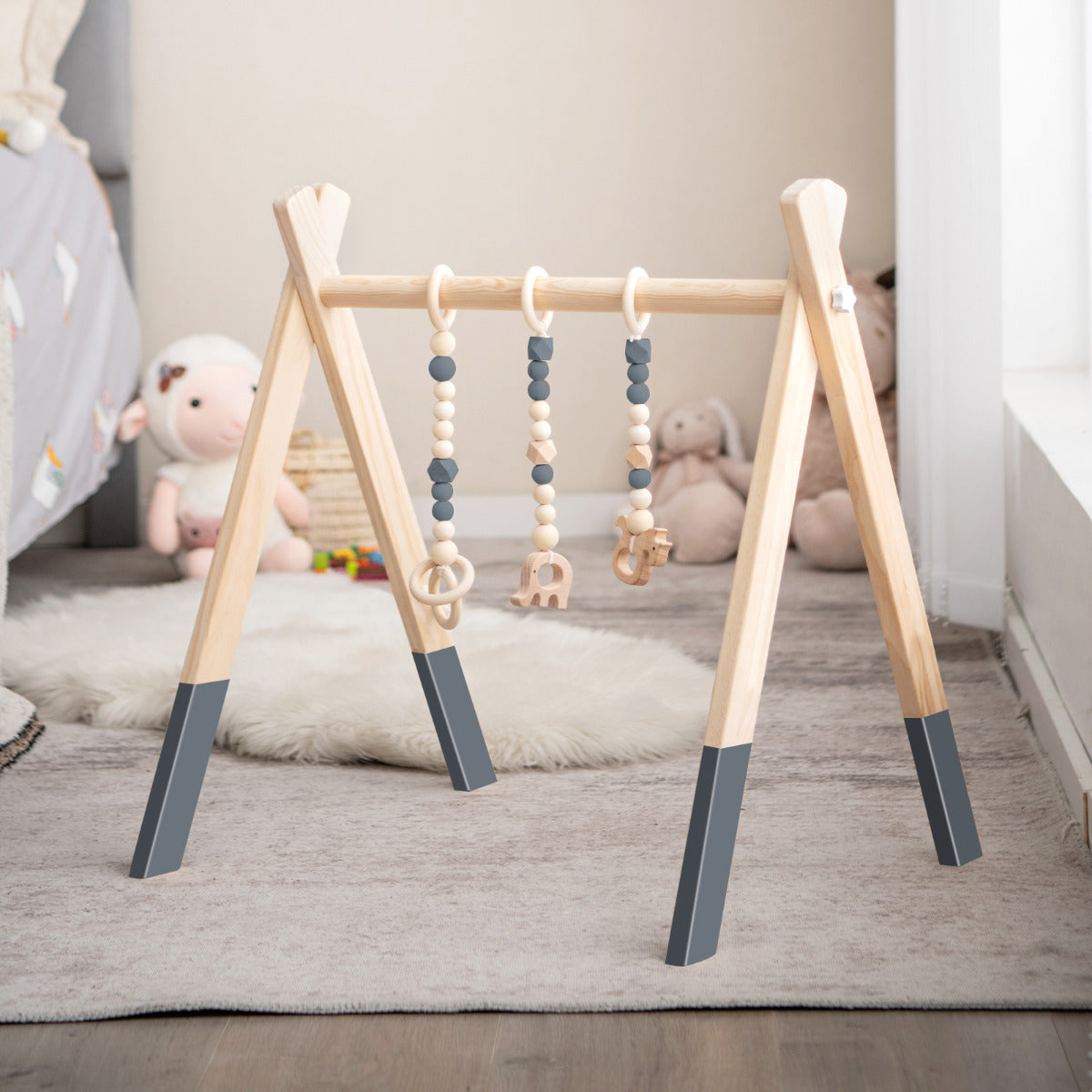 Ginásio para Bebés com Brinquedos para Dentição Desenvolvimento Cerebral em Madeira Dobrável para Crianças +3 Meses Cinzento 66 x 40 x 60 cm