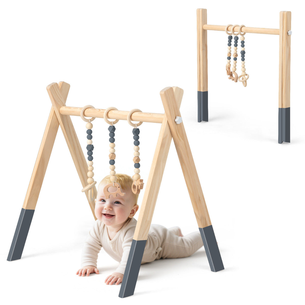 Ginásio para Bebés com Brinquedos para Dentição Desenvolvimento Cerebral em Madeira Dobrável para Crianças +3 Meses Cinzento 66 x 40 x 60 cm