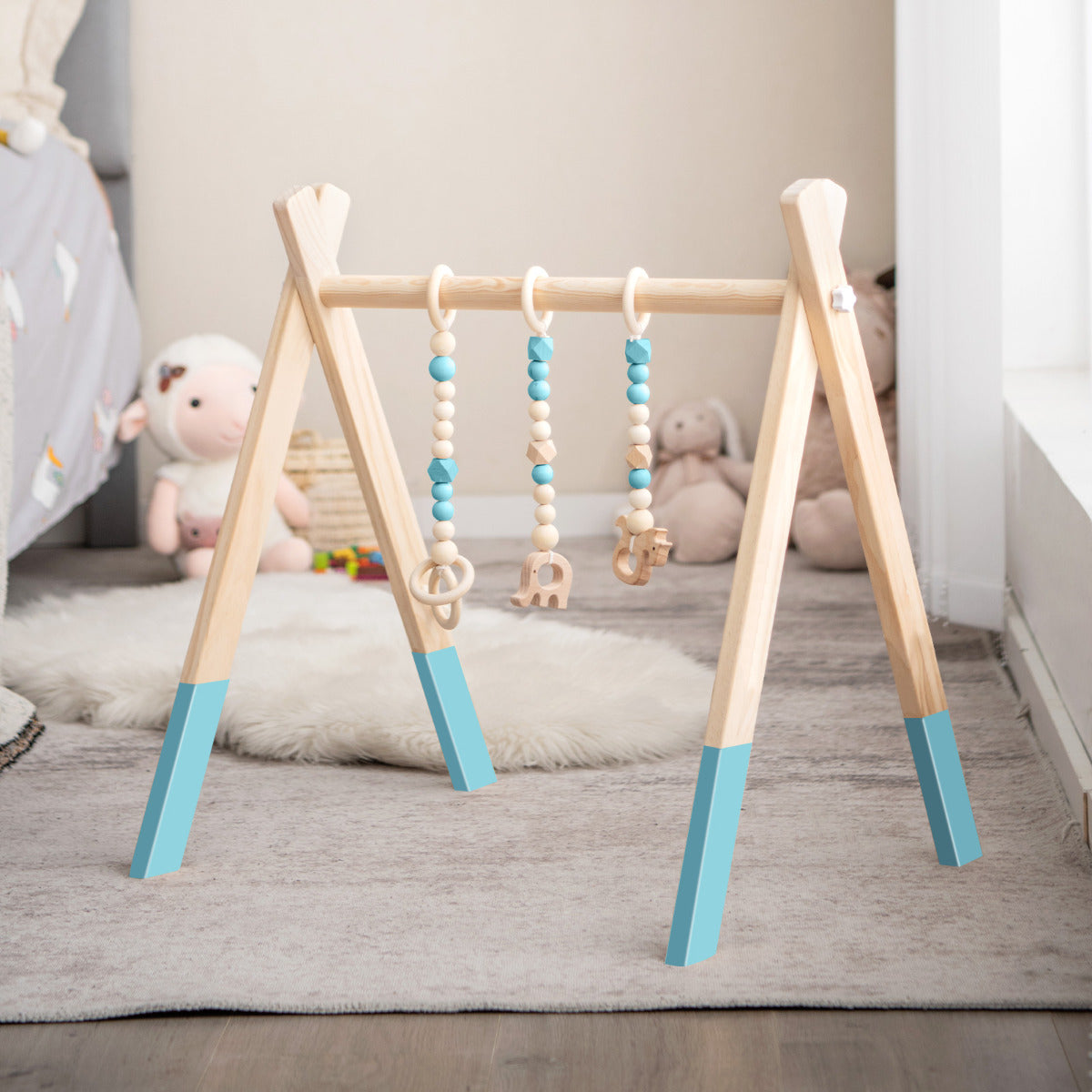 Ginásio para Bebés com Brinquedos para Dentição Desenvolvimento Cerebral Dobrável em Madeira para Crianças +3 Meses Verde 66 x 40 x 60 cm