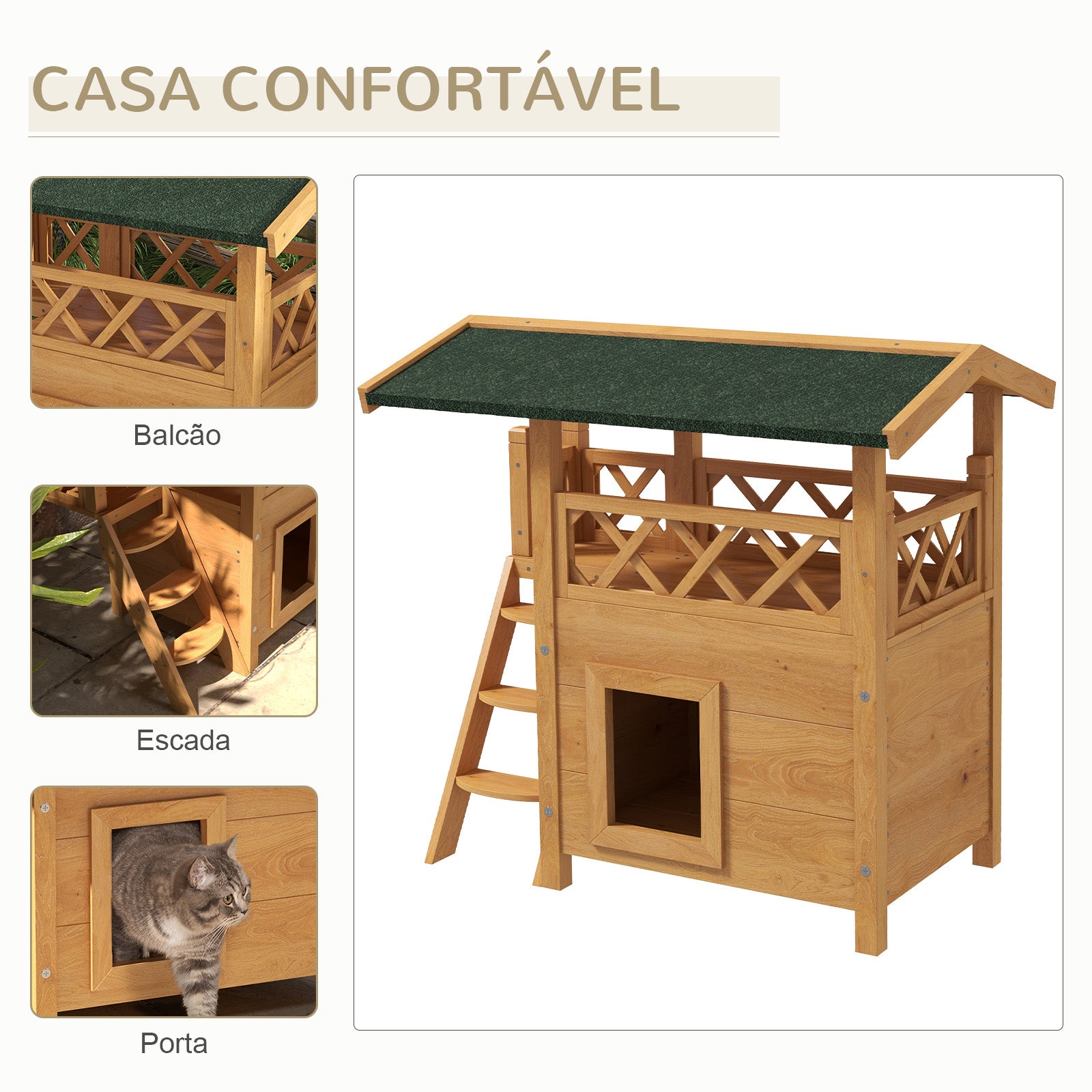 Casa para Gatos de Madeira 77x50x73 cm Cor de Madeira Natural