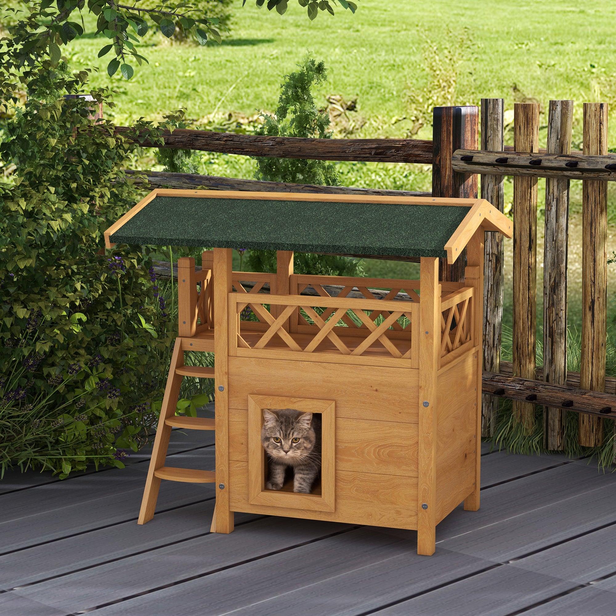 Casa para Gatos de Madeira 77x50x73 cm Cor de Madeira Natural